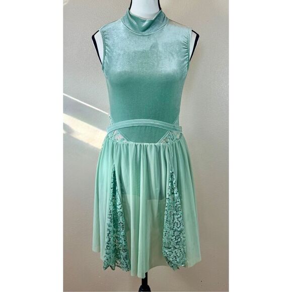 Weissman Sage Green Velvet Top OnePiece With Light Tulle Attached Skirt Women's - Picture 2 of 9